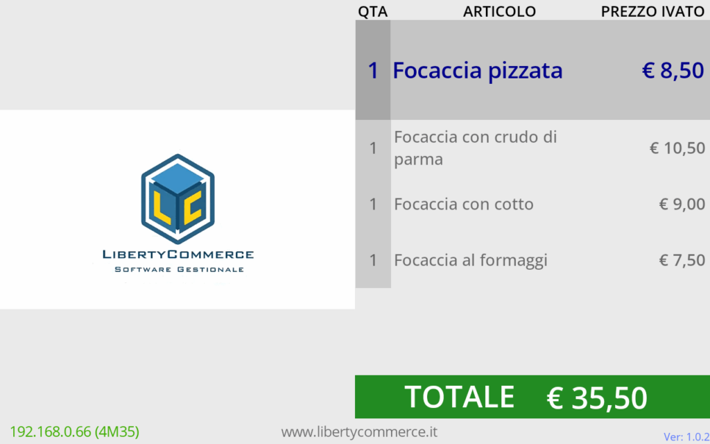 Display cliente per cassa con articoli e totale Esempio di display cliente per cassa collegato a LibertyCommerce